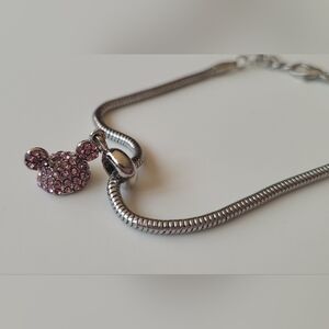 Snake Chain Charm Bracelet Pink Minnie Mickey Mouse Ears Rhinestone Charm